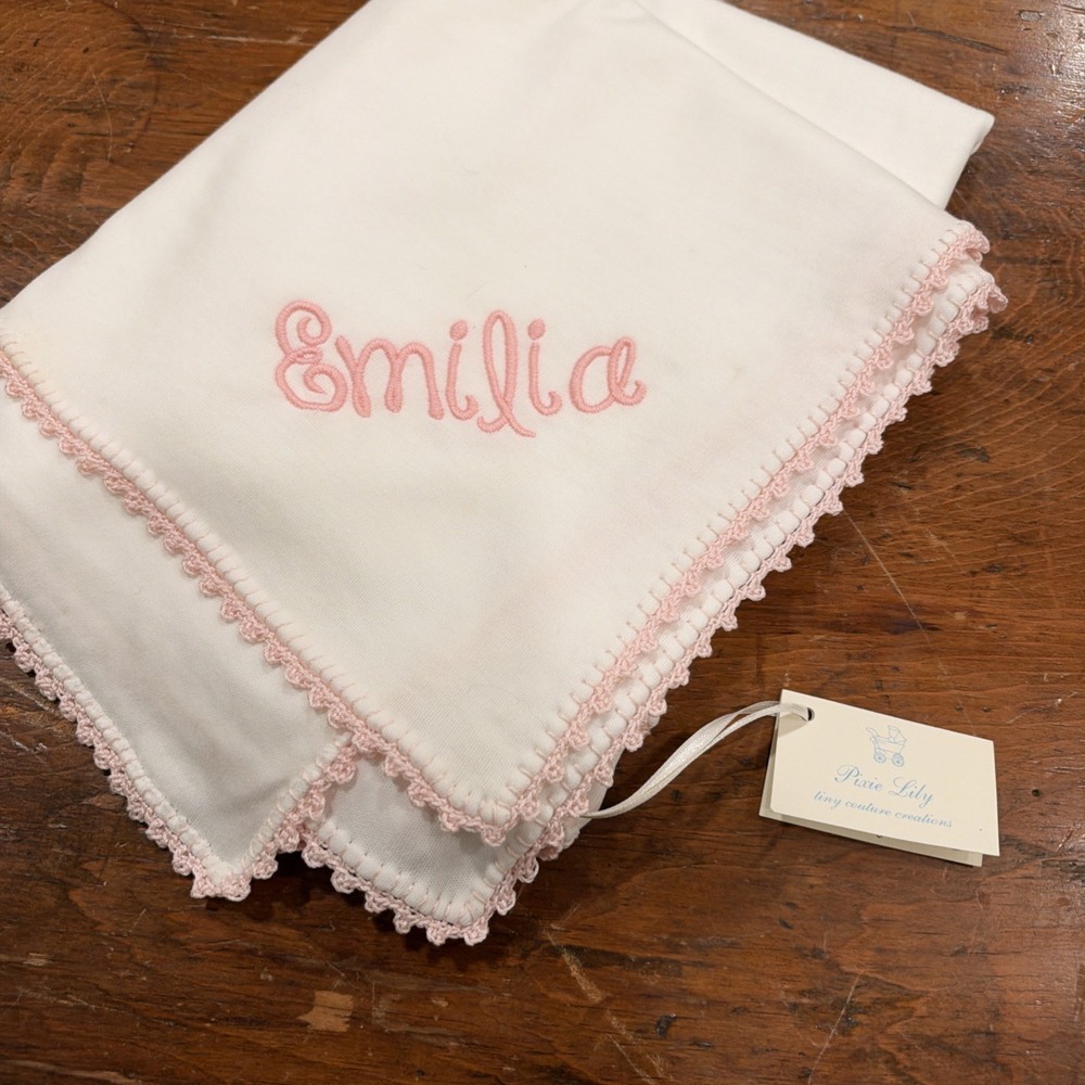 Baby Emilia Reversible Pink, White Monogram Custom Personalized Blanket Pixie
